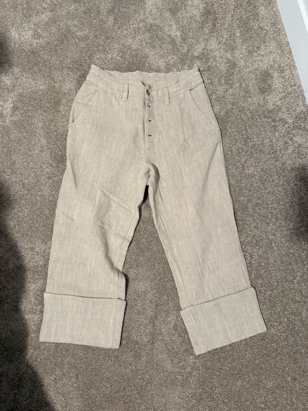 Free People Beige Linen-Blend Cropped Cuffed Trousers